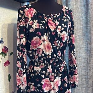 LuLaRoe black and pink floral long sleeve A-line silhouette midi dress. Size XS.